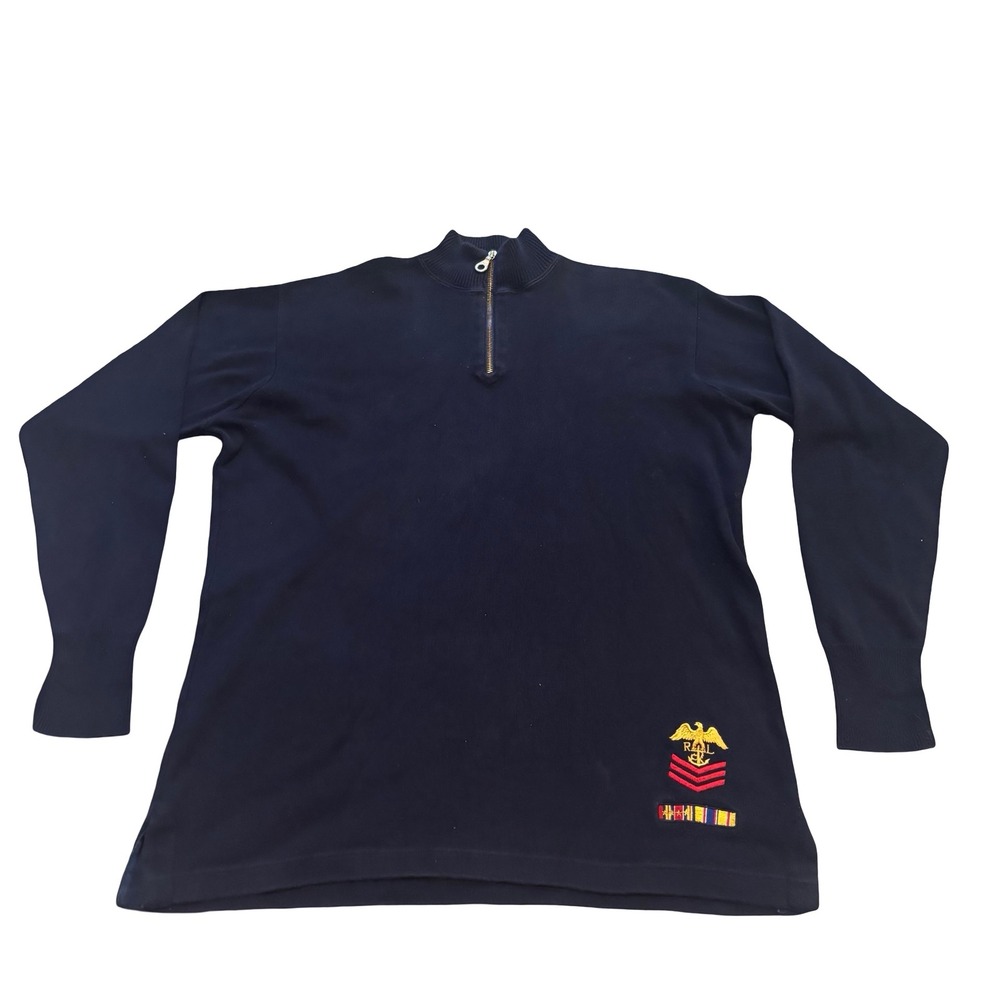 Ralph Lauren Mens Navy Blue Quarter Zip Military Crest Cotton Vtg Medium